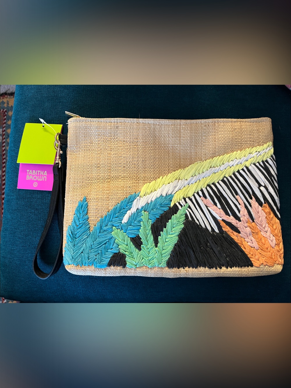 Tabitha Natural Raffia Wristlet Clutch with Multicolor Embroidery